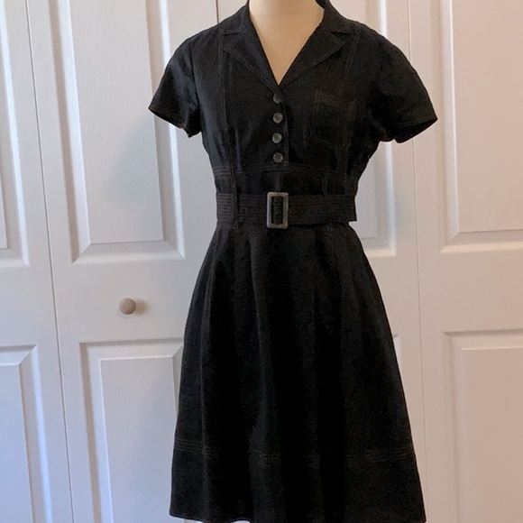 Talbots- Black Linen Shirtwaist Dress- Belt- Short Sleeves- Full Skirt-8P - Picture 1 of 11